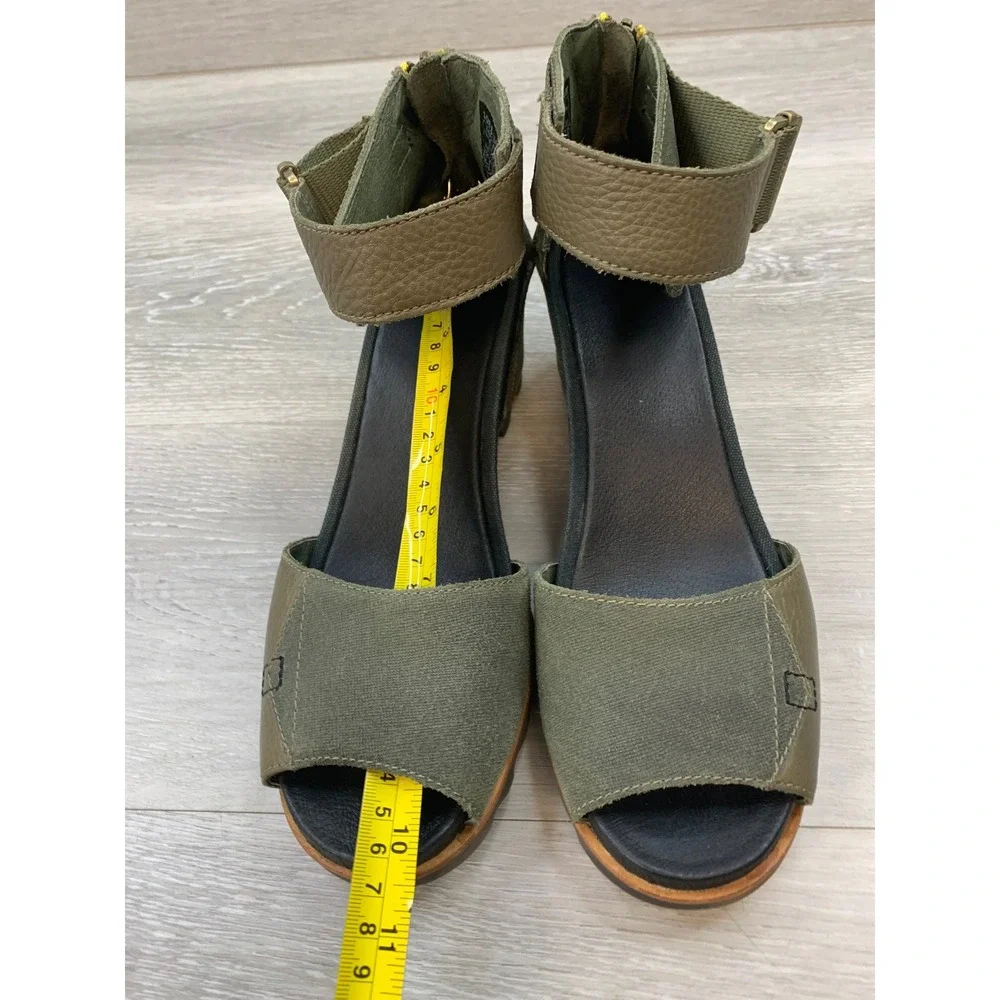 Sorel Joanie Women's Sandals Sage Green Wedge Leather Canvas 11 Comfort Shoes